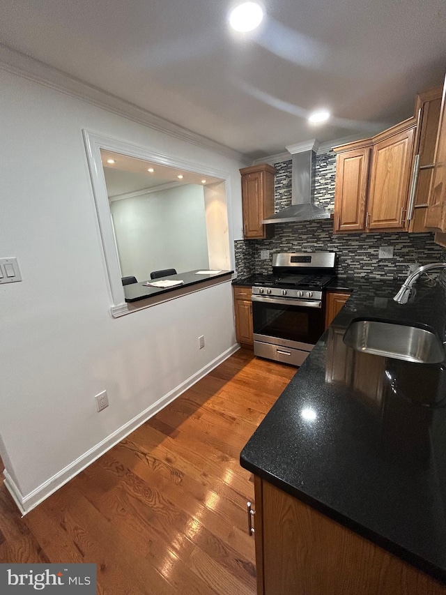 kitchen featuring sink, stainless steel gas range, tasteful backsplash, wood-type flooring, and wall chimney exhaust hood