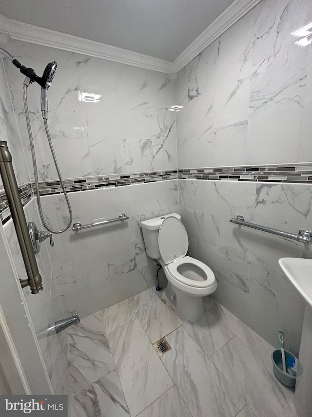 bathroom featuring walk in shower, ornamental molding, and toilet