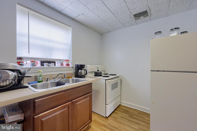 kitchen with sink, light hardwood / wood-style flooring, and white appliances