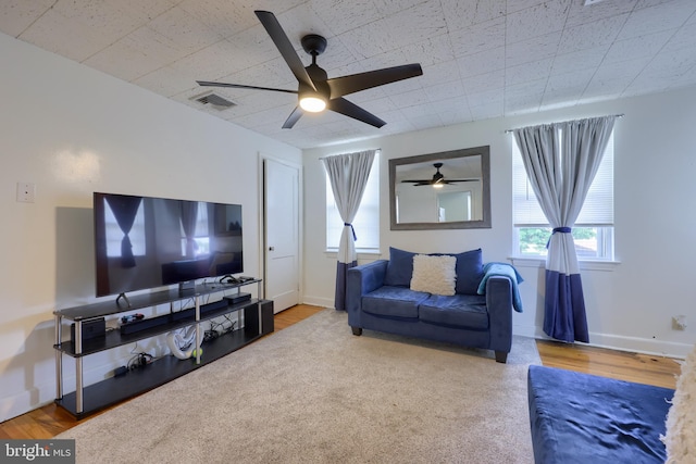 living room with ceiling fan and hardwood / wood-style floors