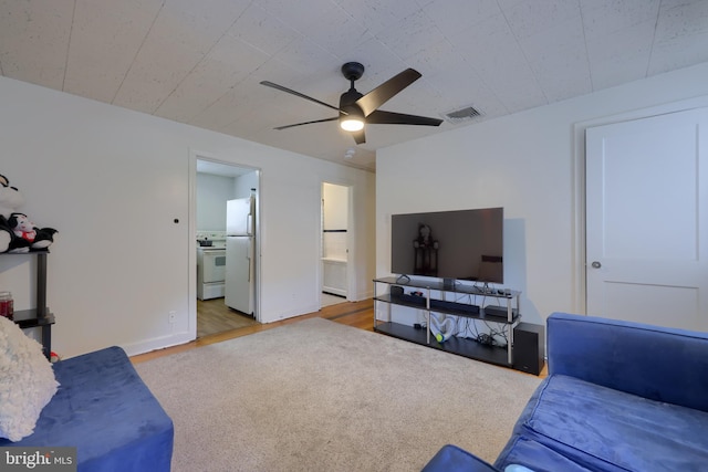 living room with ceiling fan and wood-type flooring