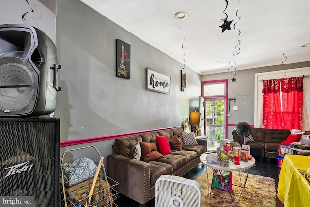 living room with crown molding