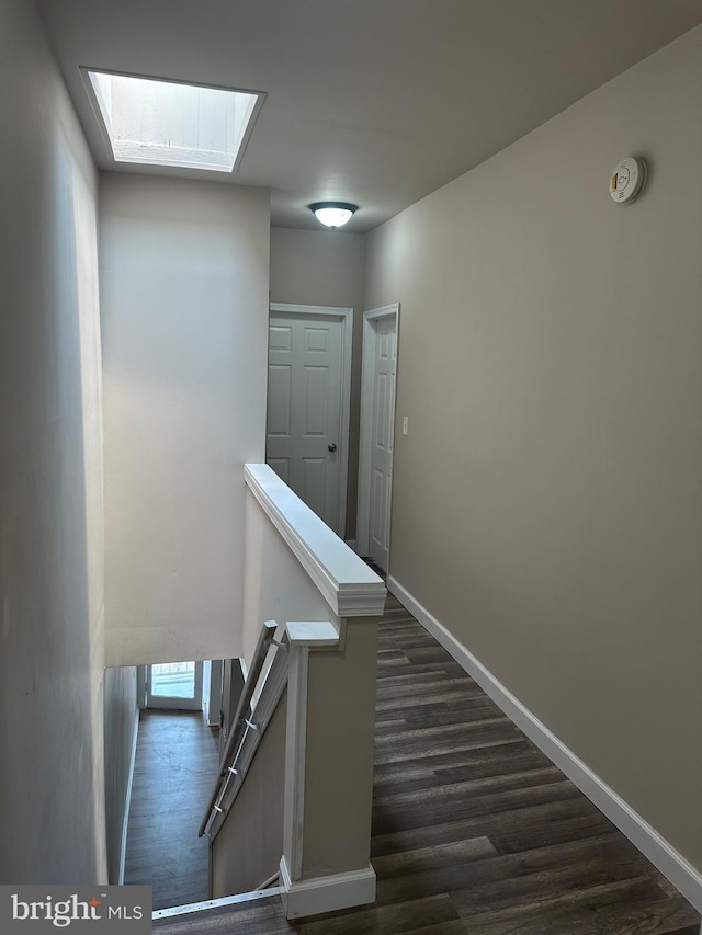 stairs featuring a wealth of natural light, a skylight, and hardwood / wood-style floors