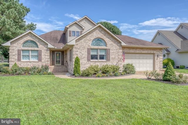 front facade featuring a garage and a front yard