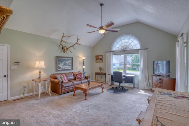 living room with light carpet, ceiling fan, and lofted ceiling