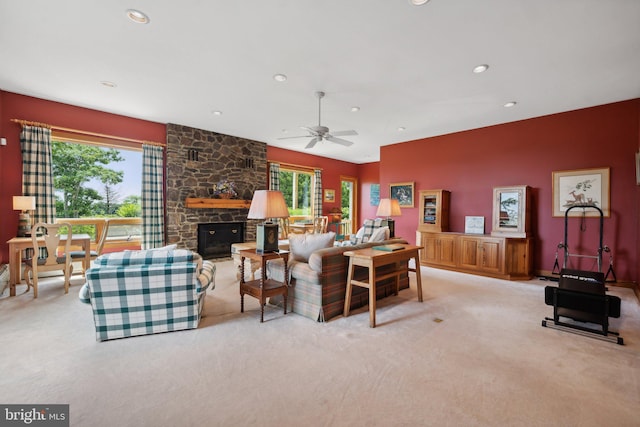 bedroom with light carpet, a baseboard radiator, access to outside, and ceiling fan