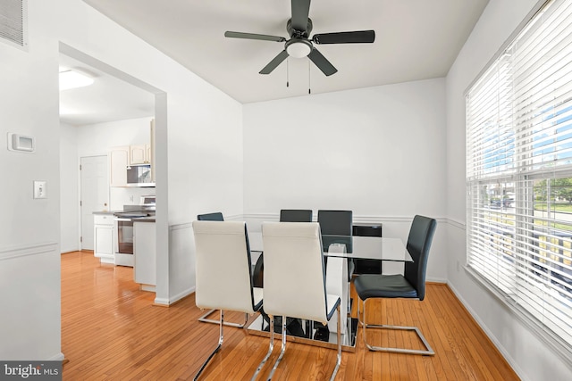 dining room featuring ceiling fan and light hardwood / wood-style flooring