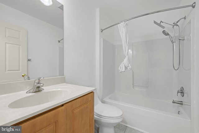 full bathroom with shower / bath combo with shower curtain, toilet, vanity, and tile patterned flooring