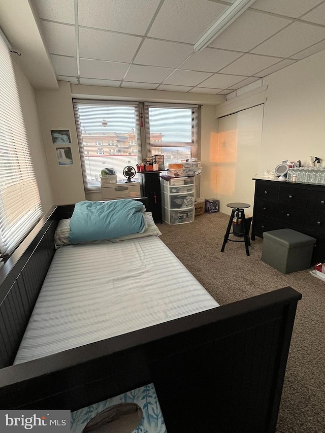 bedroom with a drop ceiling and carpet floors