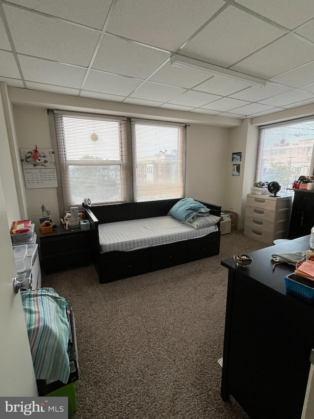 carpeted bedroom with a drop ceiling