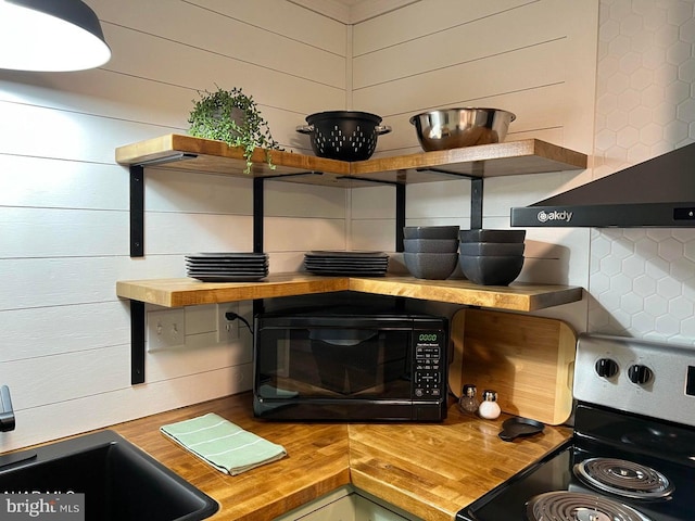 details featuring sink, stainless steel electric range oven, wooden counters, and wooden walls