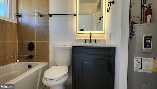 full bathroom with vanity, tiled shower / bath, water heater, and toilet