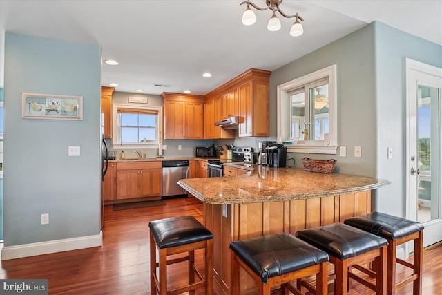 kitchen featuring baseboards, dark wood finished floors, appliances with stainless steel finishes, a peninsula, and under cabinet range hood