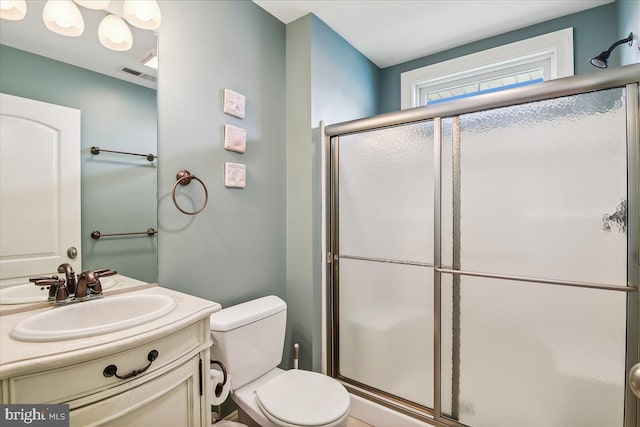 full bath featuring visible vents, a shower stall, toilet, and vanity