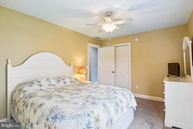 carpeted bedroom with visible vents, a closet, a ceiling fan, and baseboards