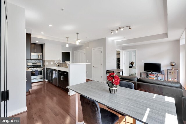 dining room with sink, dark wood-type flooring, and rail lighting