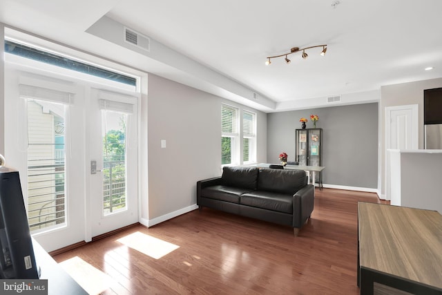 living room with plenty of natural light, dark hardwood / wood-style floors, and track lighting