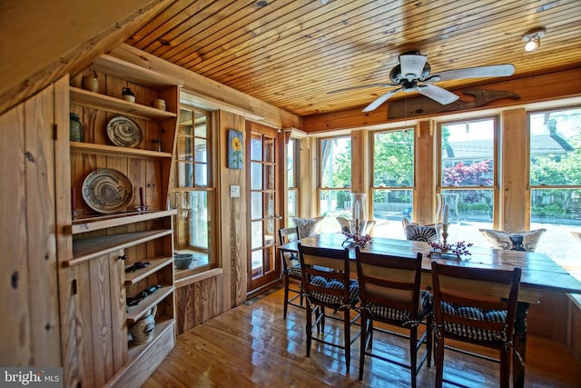 dining space featuring hardwood / wood-style floors, wooden ceiling, and ceiling fan