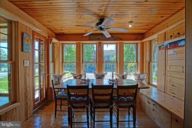 dining space with dark hardwood / wood-style floors, wooden walls, wooden ceiling, and ceiling fan