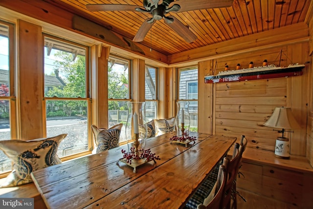 dining room with wood ceiling and ceiling fan