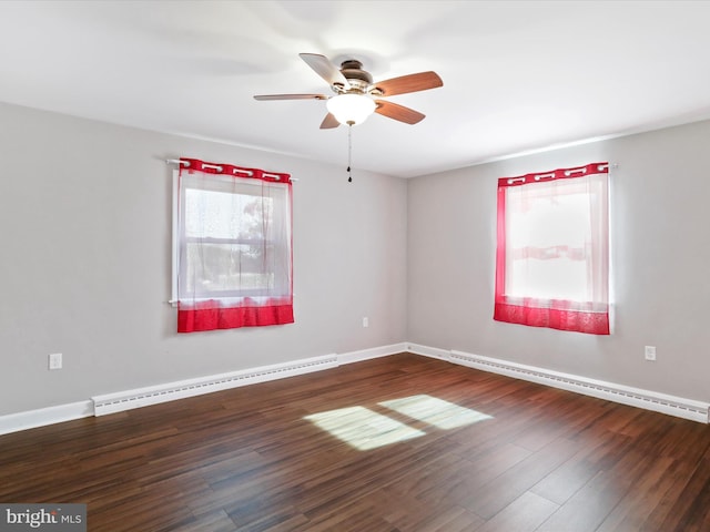 empty room with dark wood-type flooring, ceiling fan, and baseboard heating