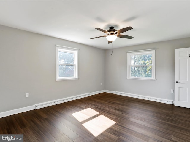 unfurnished room with a wealth of natural light, dark hardwood / wood-style floors, and baseboard heating