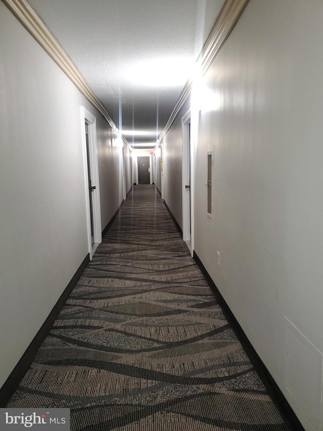 corridor with crown molding and a textured ceiling