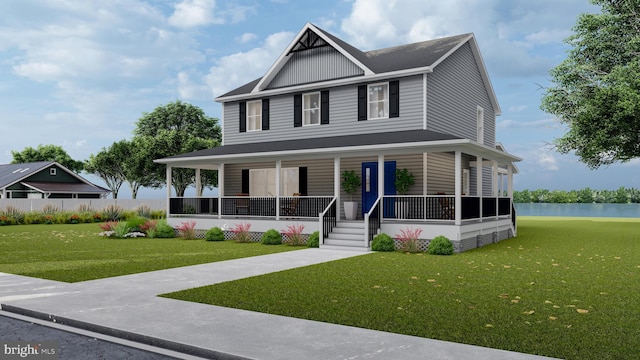 farmhouse inspired home with board and batten siding, a front lawn, covered porch, and a water view