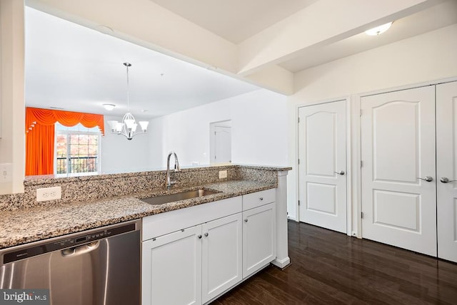 kitchen featuring light stone countertops, sink, dark hardwood / wood-style flooring, white cabinetry, and stainless steel dishwasher