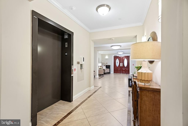 corridor featuring crown molding, light tile patterned flooring, and elevator