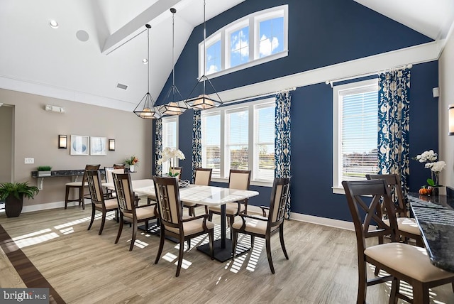 dining room with hardwood / wood-style flooring, high vaulted ceiling, and plenty of natural light