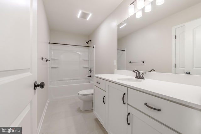 full bathroom with toilet, vanity, and shower / tub combination