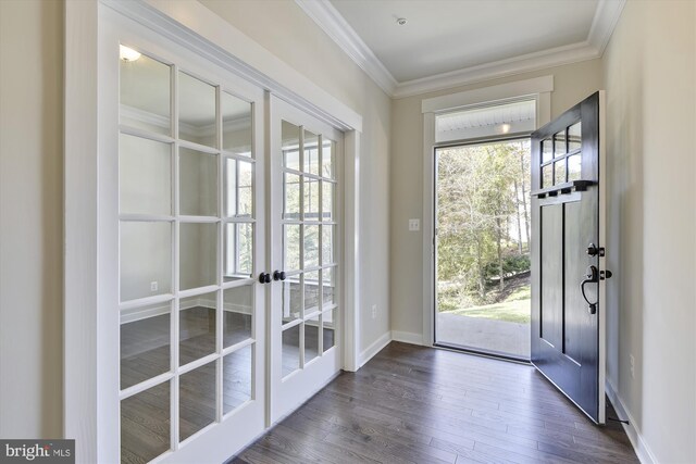 entryway featuring ornamental molding, french doors, and dark hardwood / wood-style floors