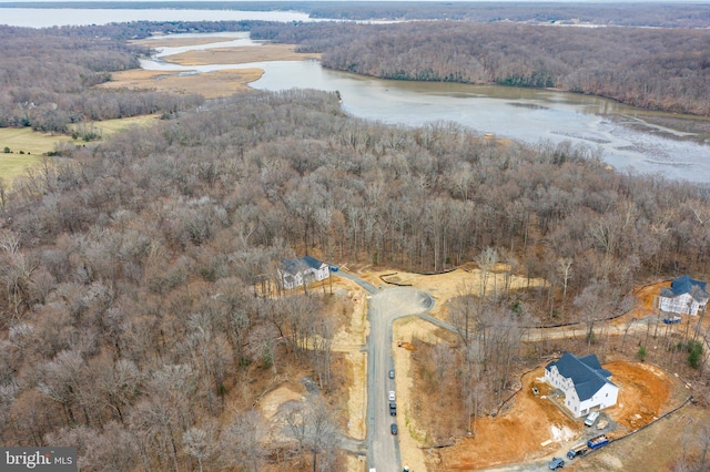 birds eye view of property featuring a water view