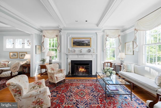 living room with radiator heating unit, crown molding, and hardwood / wood-style flooring