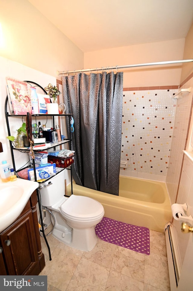 bathroom with shower / bath combination with curtain, toilet, vanity, and a baseboard radiator