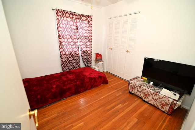 bedroom with wood finished floors and a closet