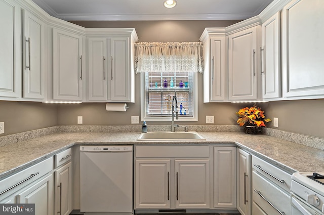 kitchen with white cabinetry, white appliances, ornamental molding, and sink