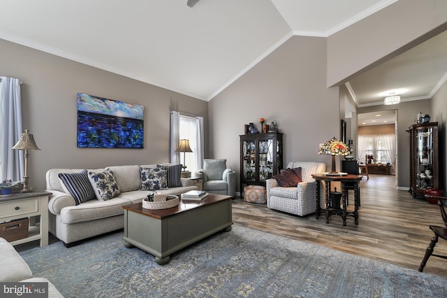 living room featuring crown molding, hardwood / wood-style floors, and high vaulted ceiling