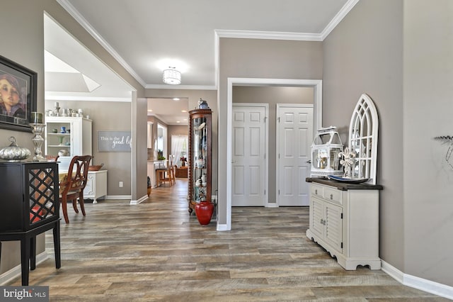 entryway with ornamental molding and wood-type flooring