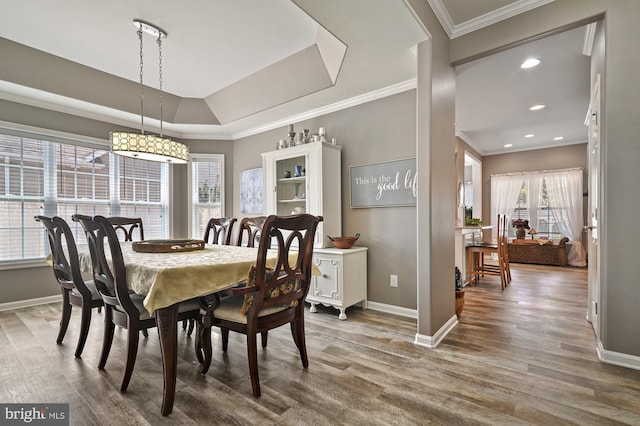 dining space featuring crown molding, wood-type flooring, and a raised ceiling