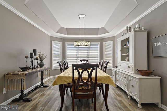 dining space featuring ornamental molding, dark hardwood / wood-style floors, a raised ceiling, and a wealth of natural light