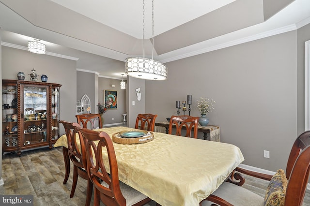 dining area with crown molding, dark wood-type flooring, and a raised ceiling