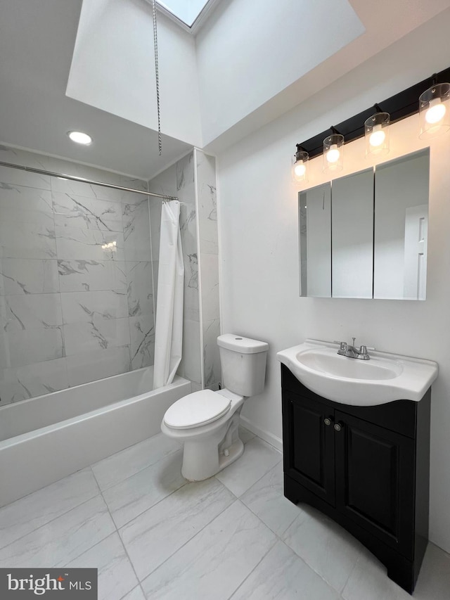 full bathroom with toilet, vanity, a skylight, and shower / tub combo