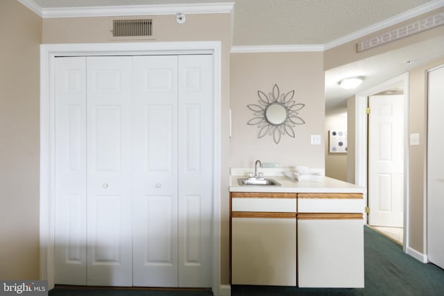 bathroom with sink, a textured ceiling, and ornamental molding