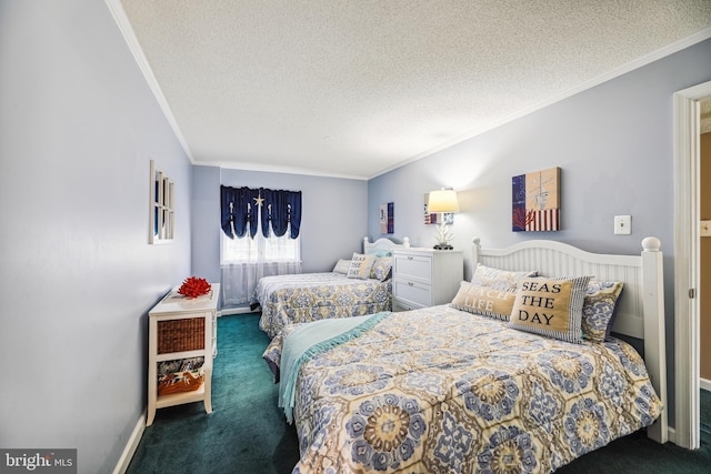 bedroom with a textured ceiling, dark colored carpet, and crown molding