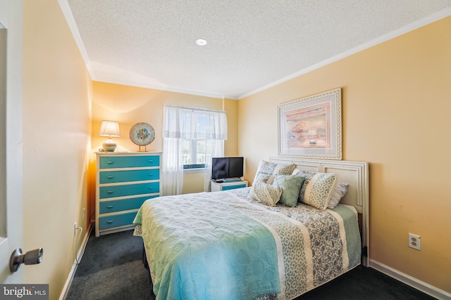 bedroom with dark carpet, crown molding, and a textured ceiling