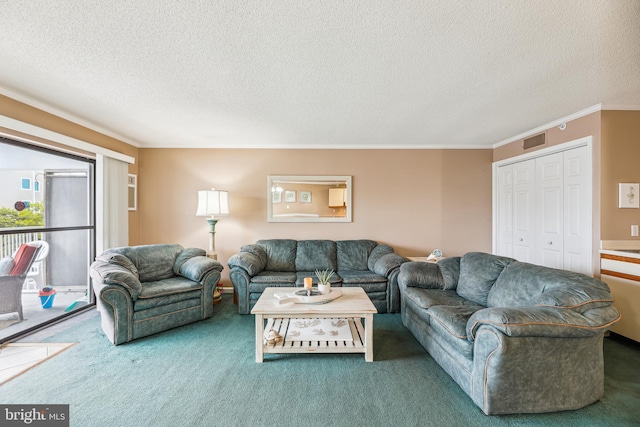 carpeted living room with crown molding and a textured ceiling