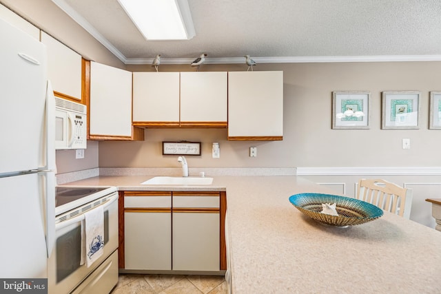 kitchen featuring sink, white appliances, ornamental molding, and a textured ceiling