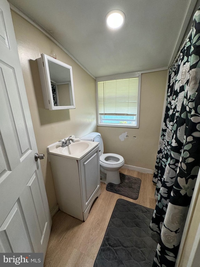 bathroom featuring vanity, ornamental molding, wood-type flooring, and toilet